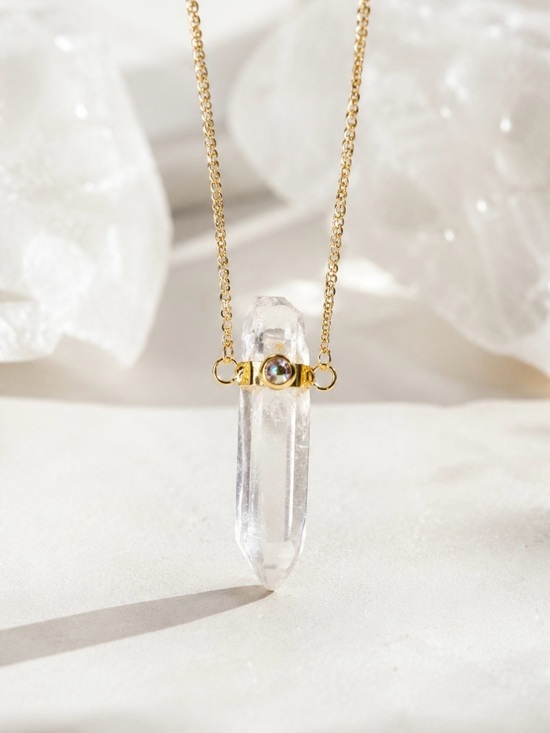 Jewelry - NEW Natural Clear Quartz Column Spear Pendant W/ Swarovski Crystal Accent